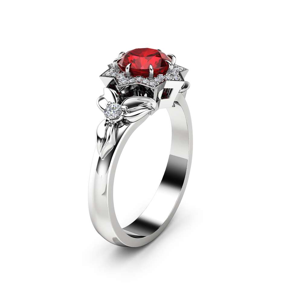 Halo Ruby Engagement Ring 14K White Gold Flower Ring 0.80CT Natural Ruby Engagement Ring